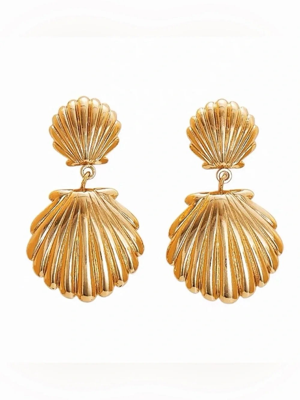 Gold Scallop Shell Drop Earrings Titanium Steel Waterproof 33mm